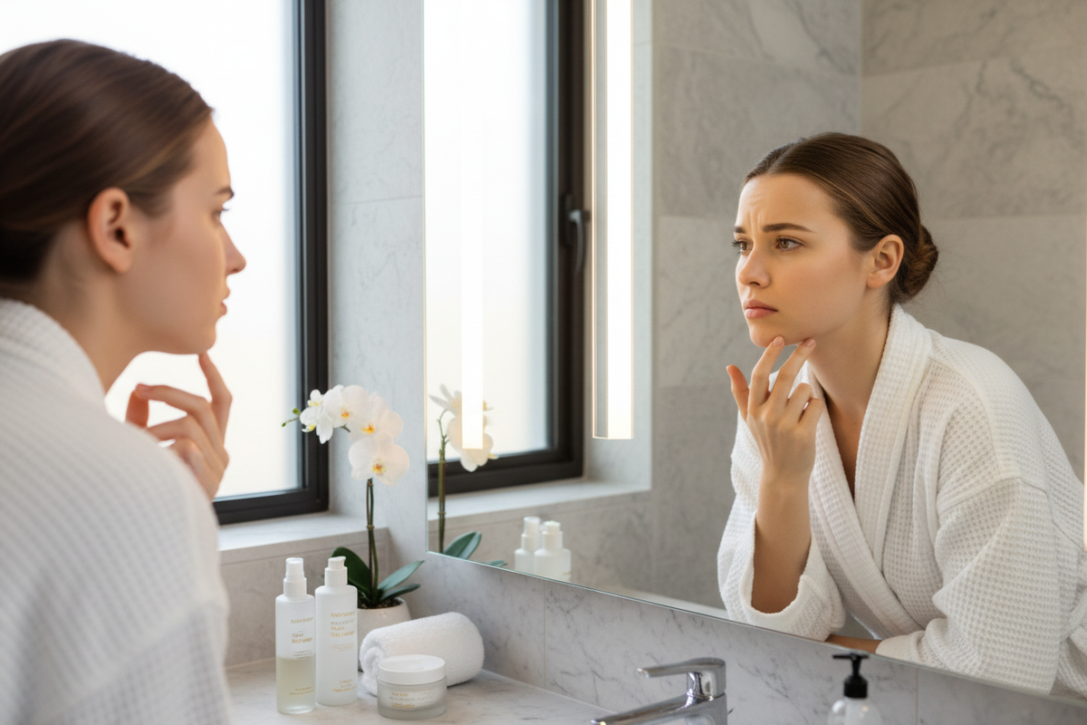 a young pretty woman's face looking in the mirror at her blemish, breakout