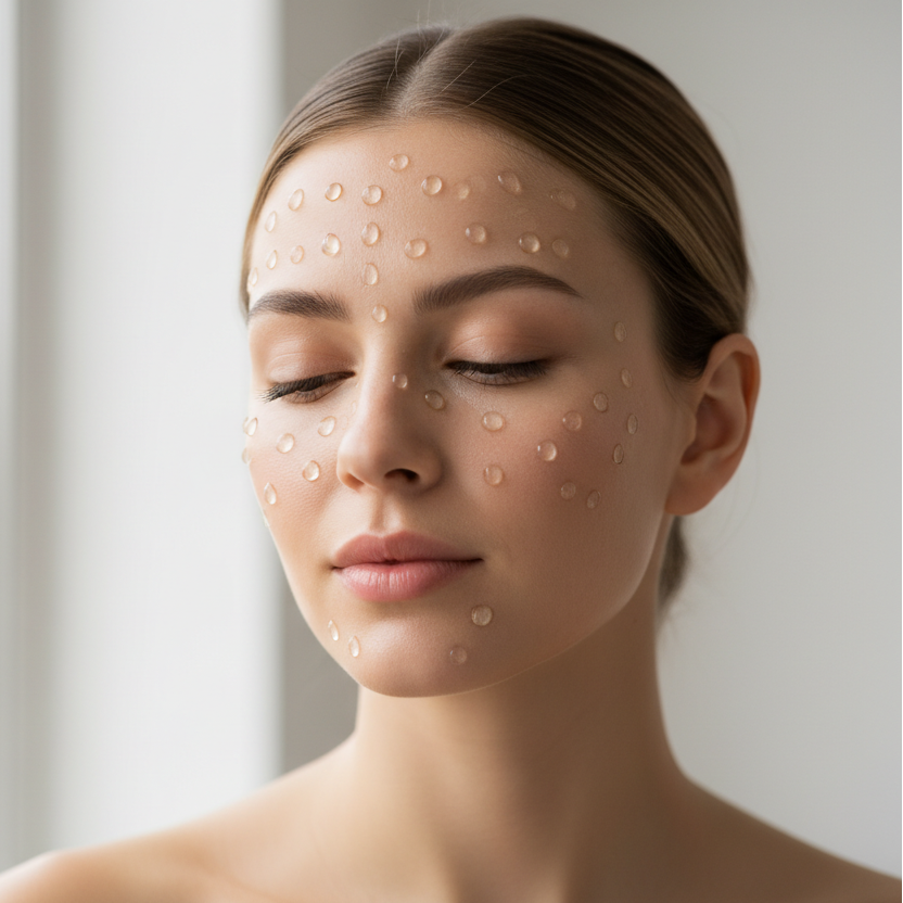 woman face close up with dots of serum applied - image for a beauty publication